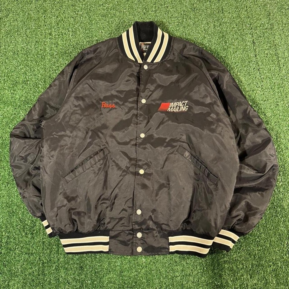 Vintage Butwin Impact Mailing Satin Varsity Jacket Black Mens XL XXL 0290